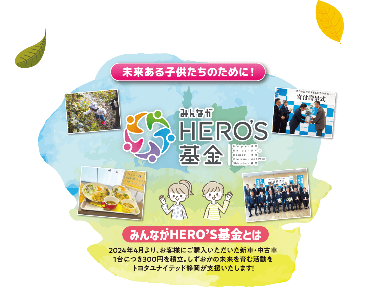 未来ある子供たちのために！ みんながHERO’S基金とは 2024年4月より、お客様にご購入いただいた新車・中古車1台につき300円を積立。しずおかの未来を育む活動をトヨタユナイテッド静岡が支援いたします！