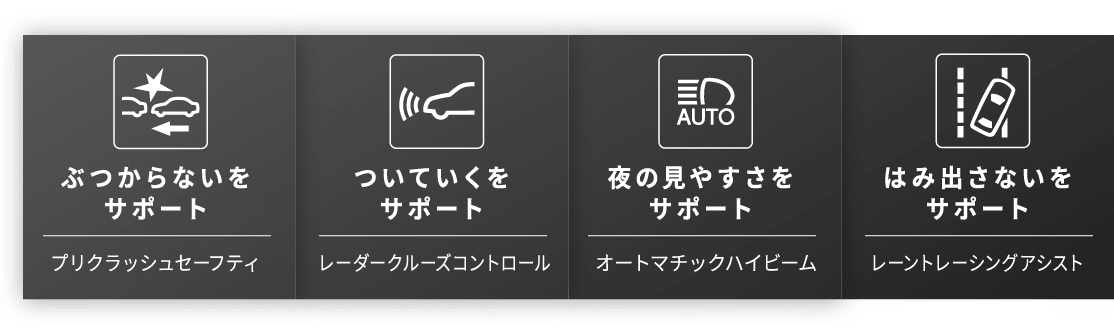 ぶつからないをサポートプリクラッシュセーフティついていくをサポートレーダークルーズコントロール夜の見やすさをサポートオートマチックハイビームはみ出さないをサポートレーントレーシングアシスト