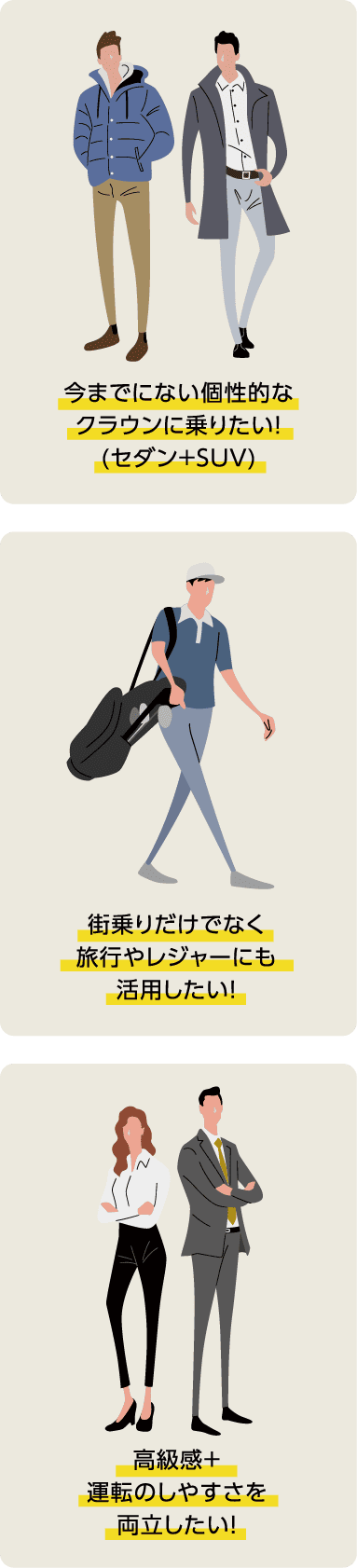 今までにない個性的なクラウンに乗りたい！(セダン＋SUV)。高級感+運転のしやすさを両立したい!街乗りだけでなく旅行やレジャーにも活用したい！