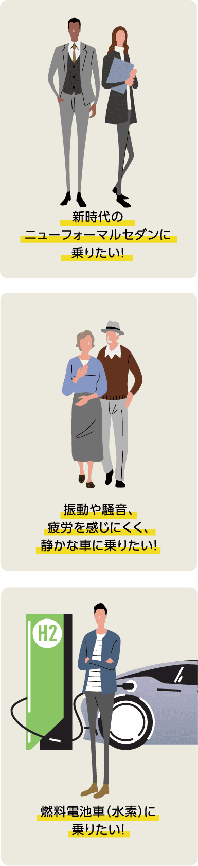 新時代のニューフォーマルセダンに乗りたい!振動や騒音、疲労を感じにくく、静かな車に乗りたい!燃料電池車(水素)に乗りたい!