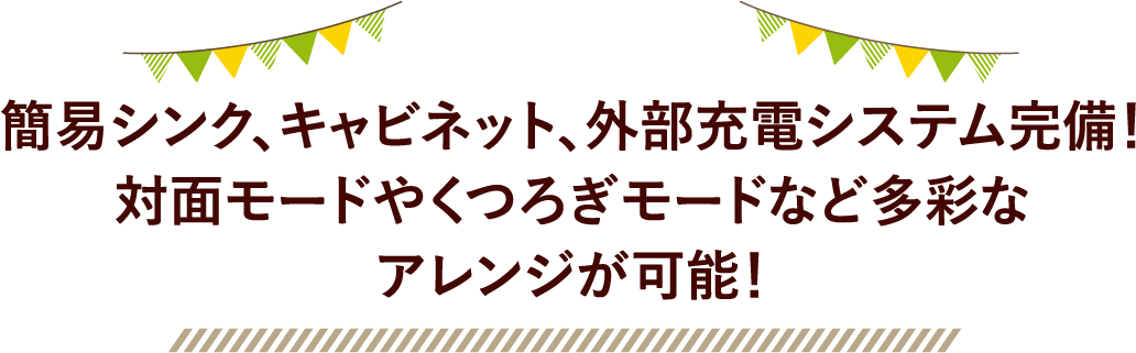 簡易シンク、キャビネット、外部充電システム完備！対面モードやくつろぎモードなど多彩なアレンジが可能！