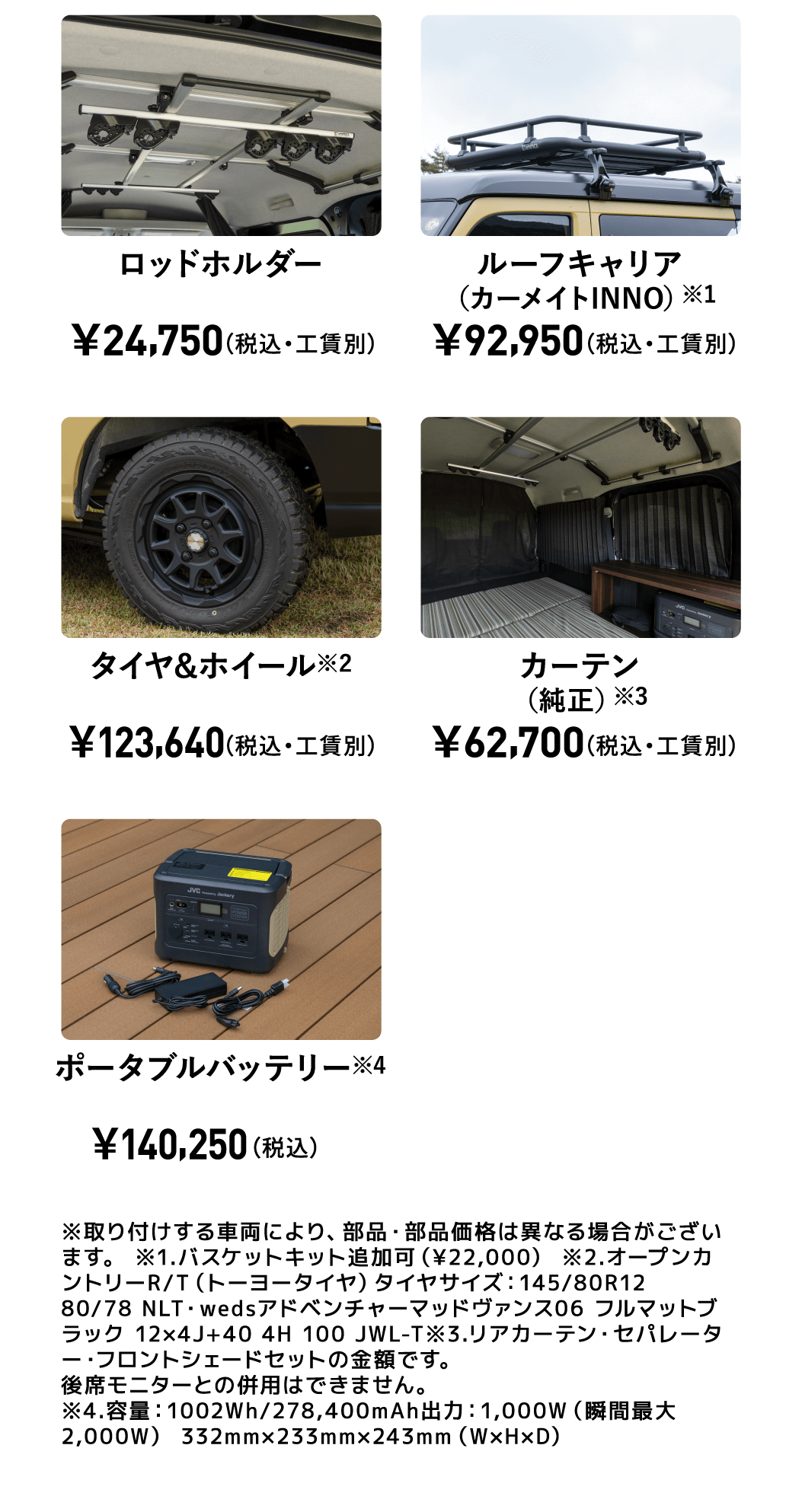 ロッドホルダー￥24,750（税込・工賃別） ルーフキャリア（カーメイトINNO）※1 ￥92,950（税込・工賃別） タイヤ&ホイール※2 ￥123,640（税込・工賃別） カーテン（純正）※3 ￥62,700（税込・工賃別） ポータブルバッテリー※4 ￥140,250（税込） ※取り付けする車両により、部品・部品価格は異なる場合がございます。※1.バスケットキット追加可（¥22,000） ※2.オープンカントリーR/T（トーヨータイヤ）タイヤサイズ：145/80R12 80/78 NLT・wedsアドベンチャーマッドヴァンス06 フルマットブラック 12×4J+40 4H 100 JWL-T ※3.リアカーテン・セパレーター・フロントシェードセットの金額です。後席モニターとの併用はできません。※4.容量：1002Wh/278,400mAh出力：1,000W（瞬間最大2,000W） 332mm×233mm×243mm（W×H×D）