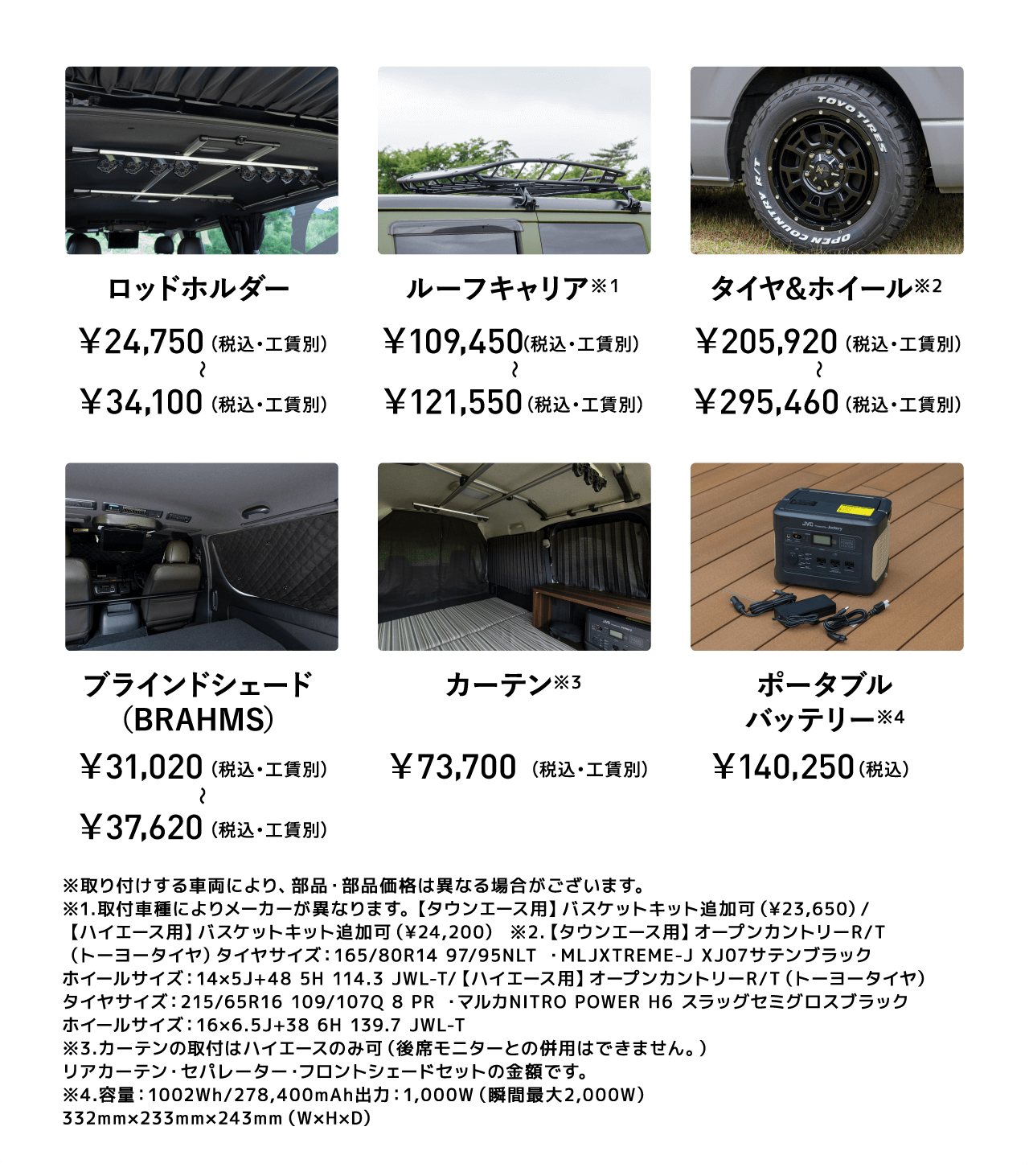 ロッドホルダー￥24,750（税込・工賃別）〜￥34,100（税込・工賃別） ルーフキャリア※1 ￥109,450（税込・工賃別）〜￥121,550（税込・工賃別） タイヤ&ホイール※2 ￥205,920 （税込・工賃別）〜 ￥295,460（税込・工賃別） ブラインドシェード（BRAHMS） ￥31,020（税込・工賃別） 〜￥37,620（税込・工賃別）カーテン※3 ￥73,700 （税込・工賃別） ポータブルバッテリー※4 ￥140,250 （税込） ※取り付けする車両により、部品・部品価格は異なる場合がございます。※1.取付車種によりメーカーが異なります。【タウンエース用】バスケットキット追加可（¥23,650）/【ハイエース用】バスケットキット追加可（¥24,200） ※2.【タウンエース用】オープンカントリーR/T（トーヨータイヤ）タイヤサイズ：165/80R14 97/95NLT ・MLJXTREME-J XJ07サテンブラックホイールサイズ：14×5J+48 5H 114.3 JWL-T/【ハイエース用】オープンカントリーR/T（トーヨータイヤ）タイヤサイズ：215/65R16 109/107Q 8 PR ・マルカNITRO POWER H6 スラッグセミグロスブラックホイールサイズ：16×6.5J+38 6H 139.7 JWL-T※3.カーテンの取付はハイエースのみ可（後席モニターとの併用はできません。）リアカーテン・セパレーター・フロントシェードセットの金額です。※4.容量：1002Wh/278,400mAh出力：1,000W（瞬間最大2,000W）332mm×233mm×243mm（W×H×D）