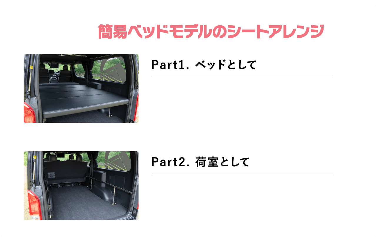 簡易ベッドモデルのシートアレンジ Part1. ベッドとして Part2. 荷室として