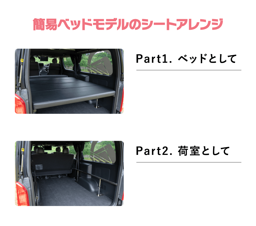 簡易ベッドモデルのシートアレンジ Part1. ベッドとして Part2. 荷室として