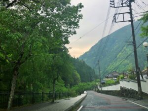 身延山駐車場から川沿いの道を下りる画像です